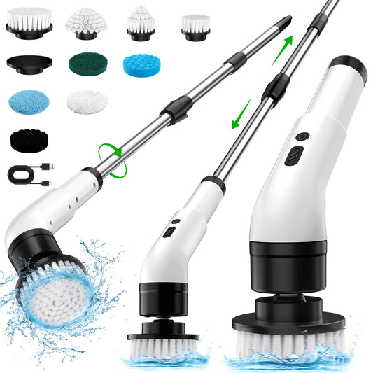 Electric Spin Scrubber, Cordless Bath Tub Power Scrubber with Long Handle & 9 Replaceable Heads, Detachable as Short Handle, Shower Cleaning Scrubber for Tub Floor Tile, Sink, Window, Floor, Car