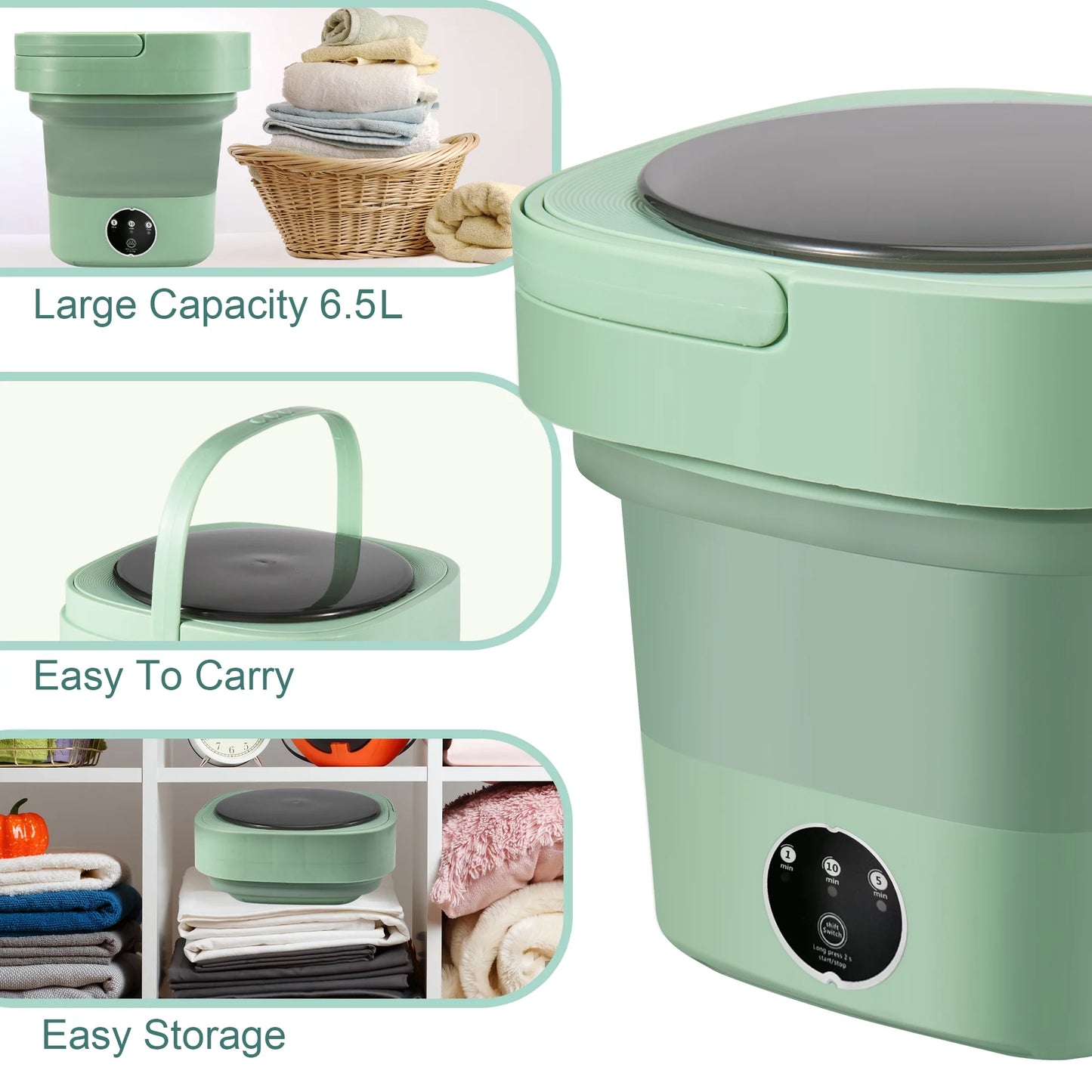 6.5L Foldable Mini Small Portable Washer Washing Machine for Apartment, Laundry, Camping, RV, Travel, Underwear, Socks, Baby Clothes (110V-260V)